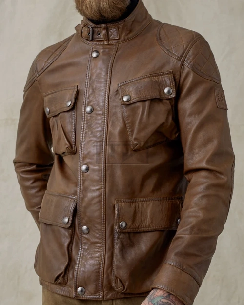 Men Lambskin Leather Field Jacket In Walnut Color - image 3