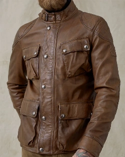 Men Lambskin Leather Field Jacket In Walnut Color - image 3