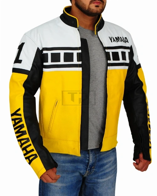 Yellow & White Biker Leather Jacket - image 3