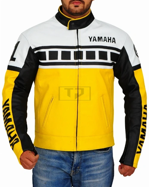 Yellow & White Biker Leather Jacket - image 5
