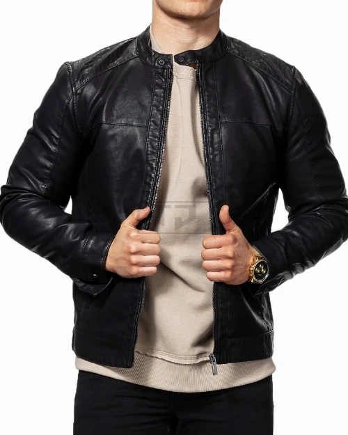 black mens bike racer leather jacket - image 1
