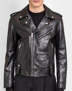 mens charcoal black leather biker jacket - image 1