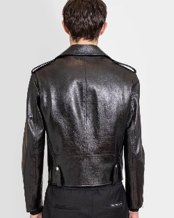 mens charcoal black leather biker jacket - image 2