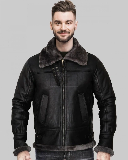Men's Lavish Black Shearling Jacket With Hoodie - image 3