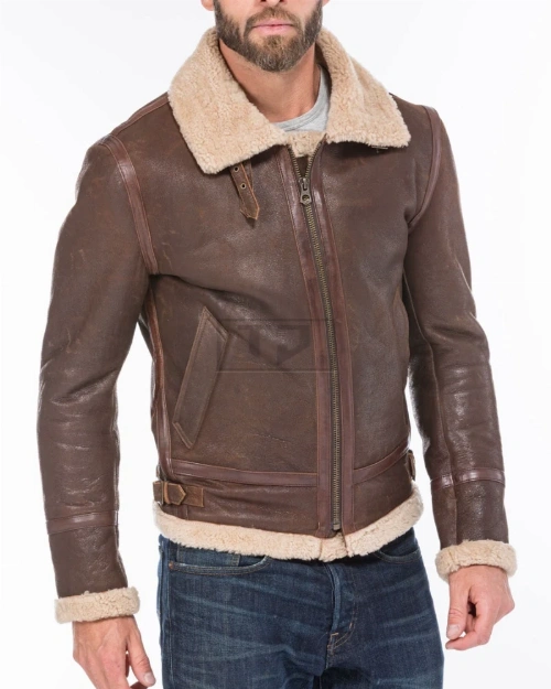 Mens Bomber Shearling Brown Sheepskin Leather Jacket - image 1