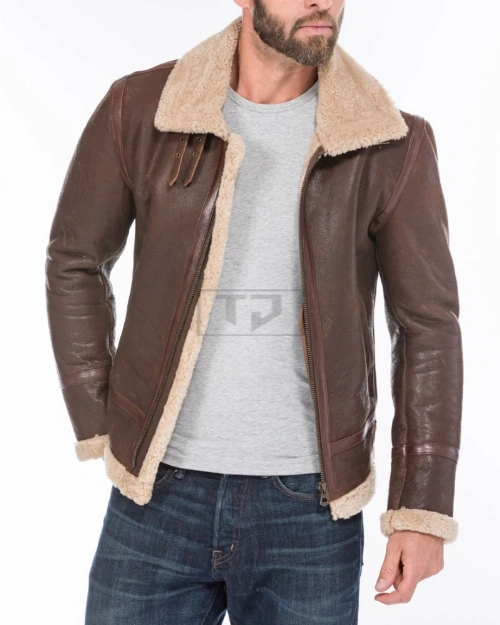 Mens Bomber Shearling Brown Sheepskin Leather Jacket - image 2
