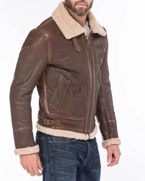Mens Bomber Shearling Brown Sheepskin Leather Jacket - image 3