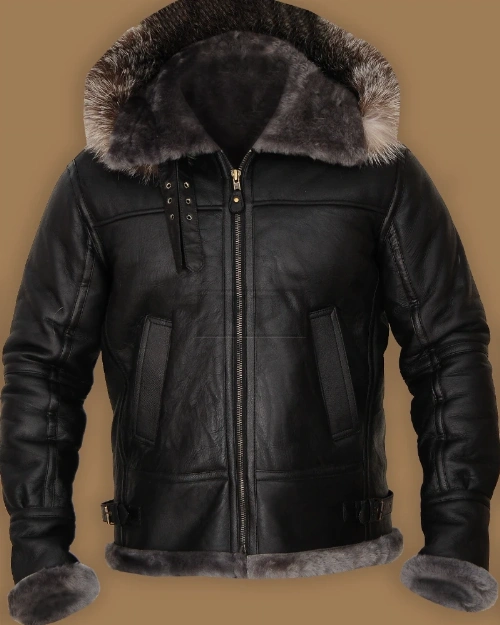 Men Black Shearling Jacket With Hoodie - image 5