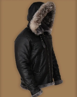 Men Black Shearling Jacket With Hoodie - image 3