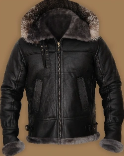 Men Black Shearling Jacket With Hoodie - image 5