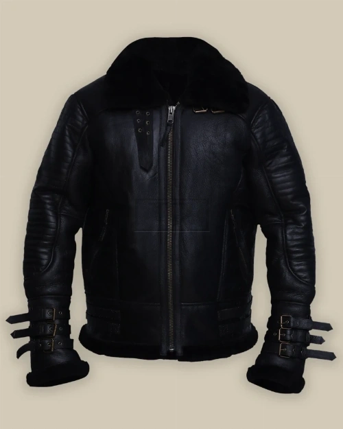 Men Black Biker Shearling Jacket
