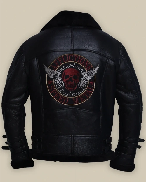 Men Black Biker Shearling Jacket - image 2