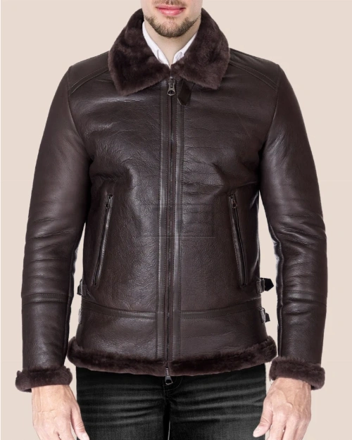 Dark brown shearling lamb biker jacket - image 1