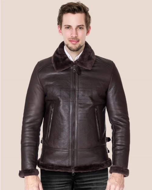 Dark brown shearling lamb biker jacket - image 2