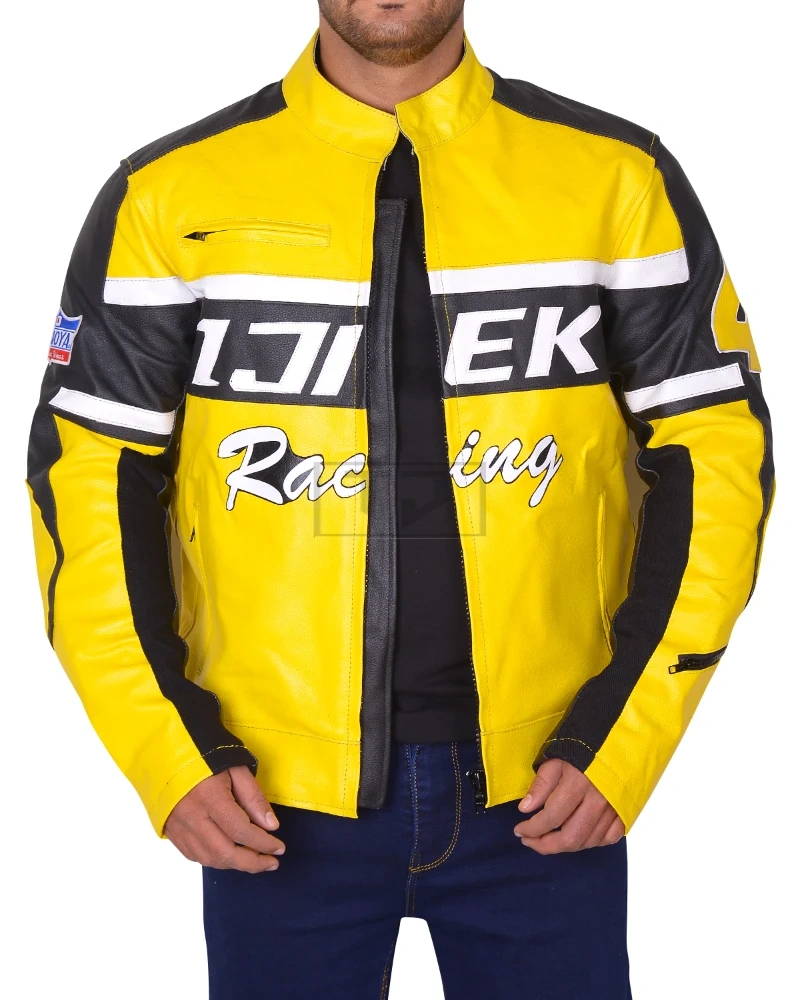 Black & Yellow Biker Leather Jacket - image 1