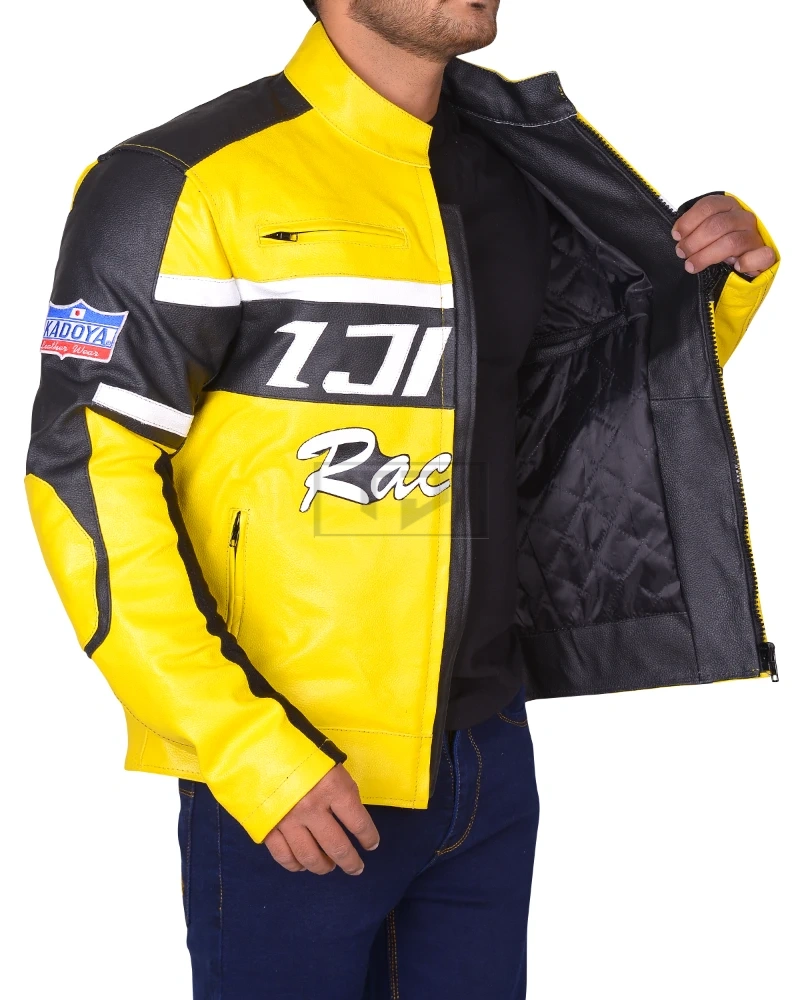 Black & Yellow Biker Leather Jacket - image 3