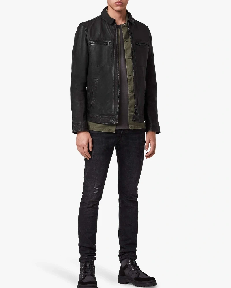Men Solid Black Leather Jacket - image 1