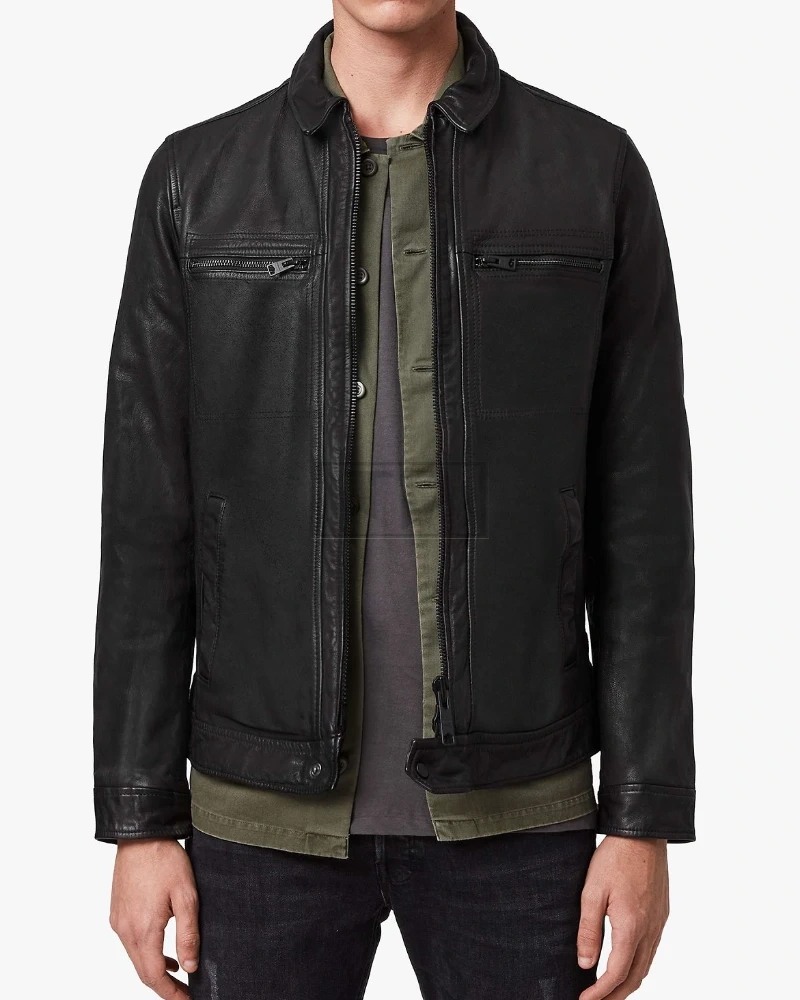 Men Solid Black Leather Jacket - image 3