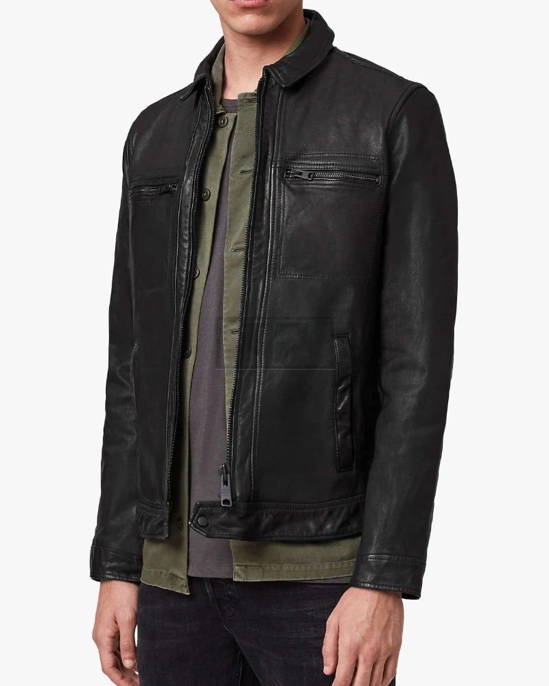 Men Solid Black Leather Jacket - image 4