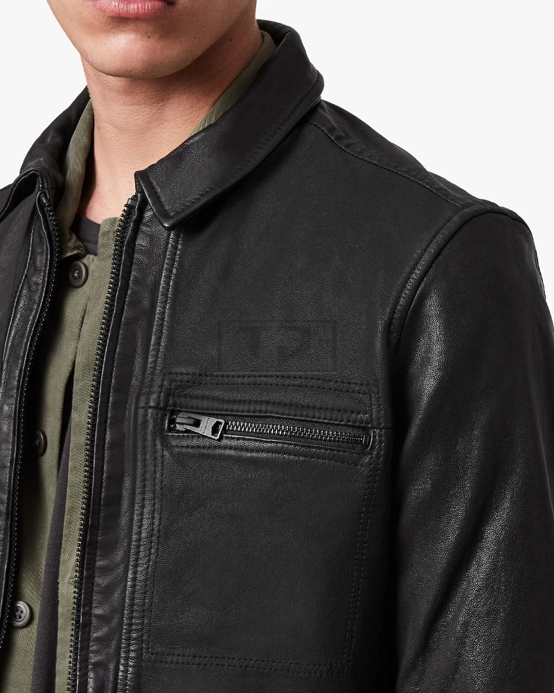 Men Solid Black Leather Jacket - image 5