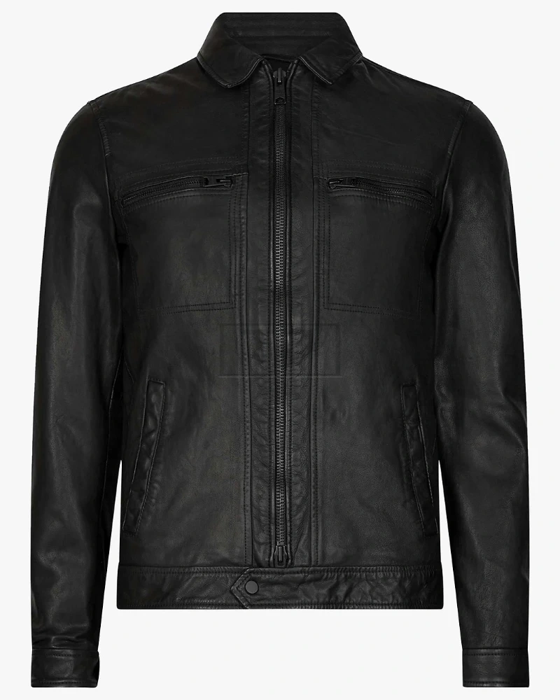 Men Solid Black Leather Jacket - image 6