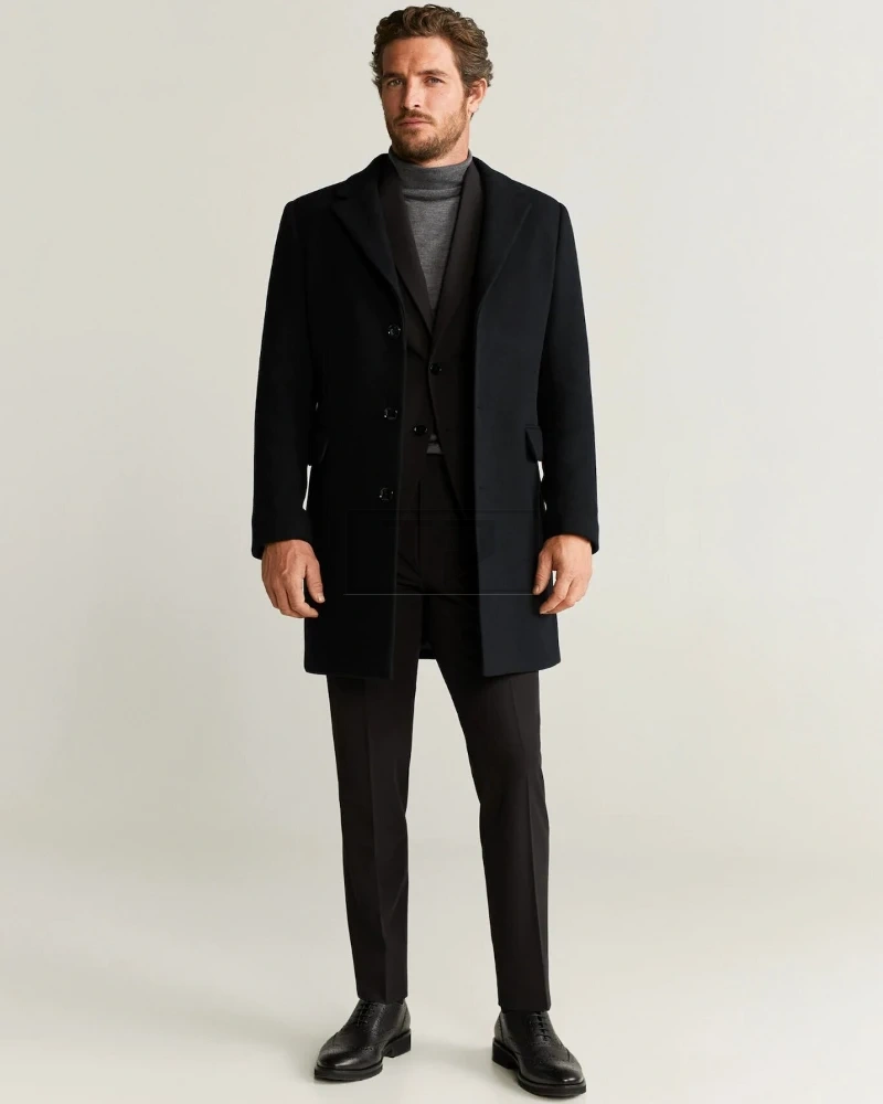 Men Black Tailored Wool Coat - image 1