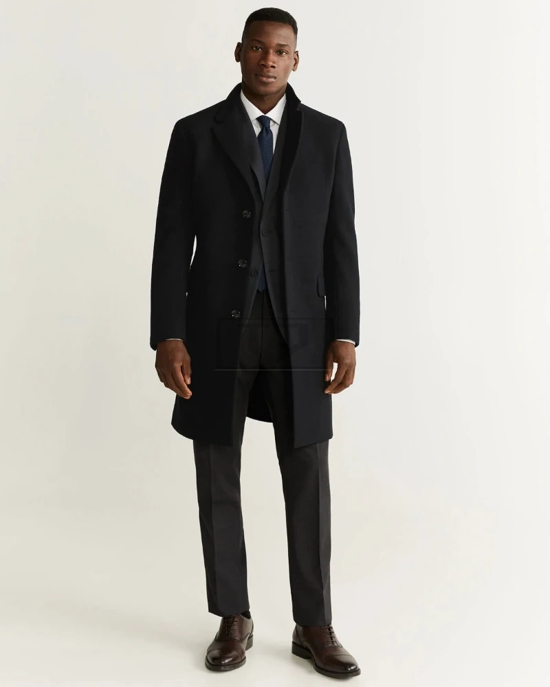 Men Black Lapel Wool Coat - image 1