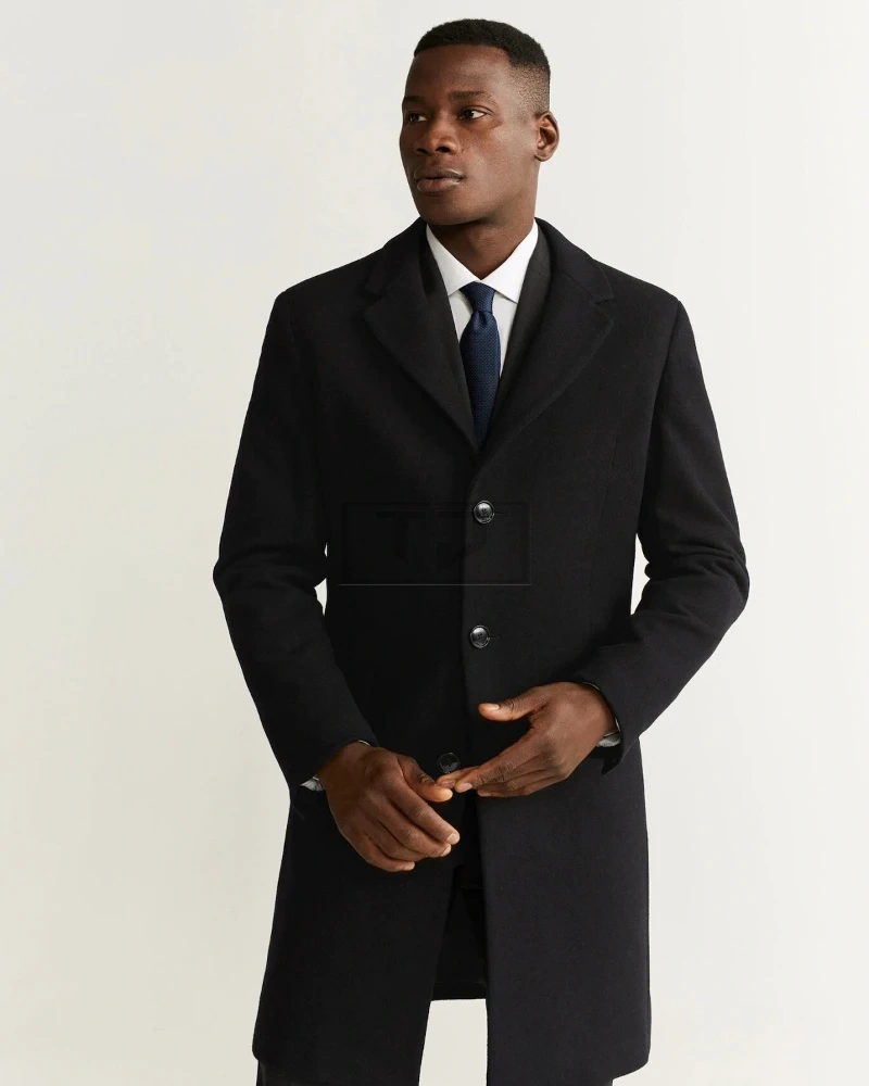 Men Black Lapel Wool Coat - image 3