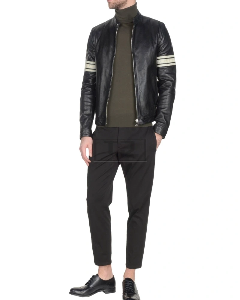 Men Black Leather Jacket With White Strips - image 1
