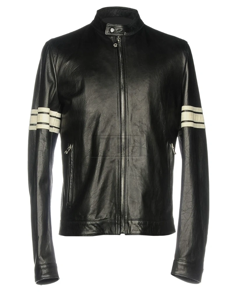 Men Black Leather Jacket With White Strips - image 3