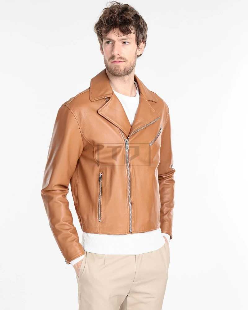 Men Tan Brown Biker Leather Jacket - image 2
