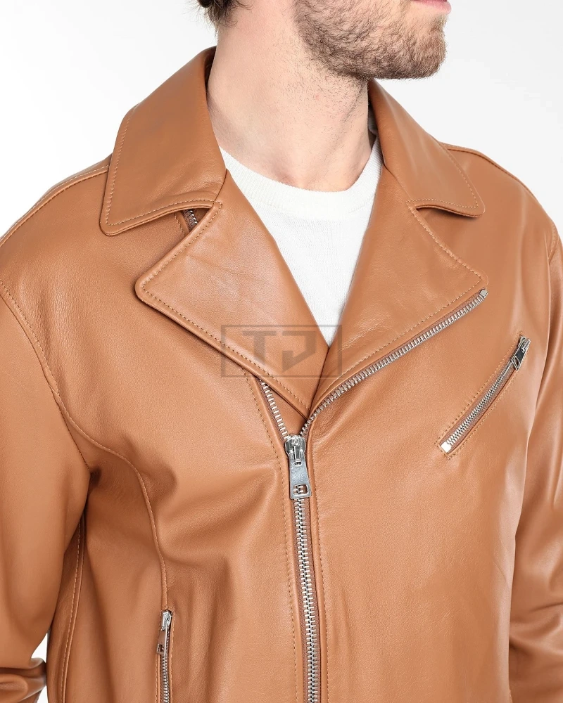 Men Tan Brown Biker Leather Jacket - image 3