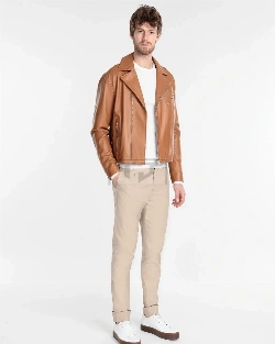 Men Tan Brown Biker Leather Jacket - image 1