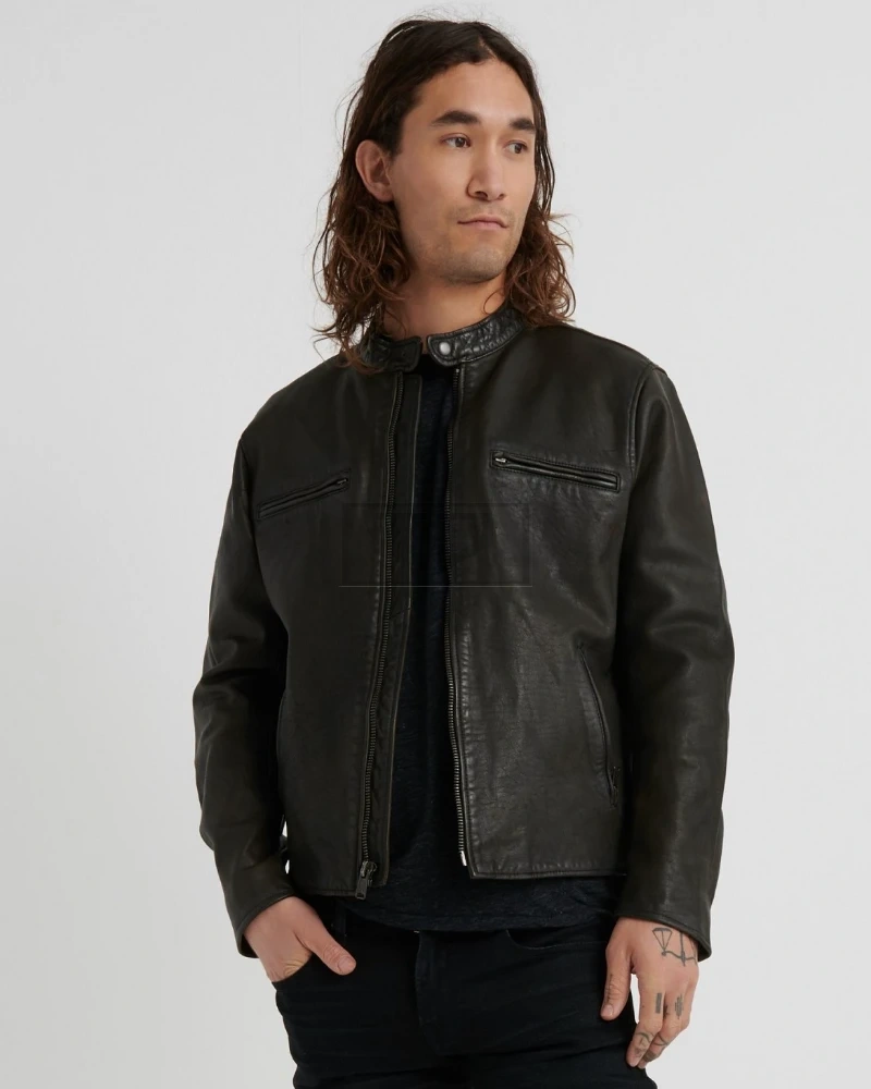 Men Short Black Leather Jacket - image 1