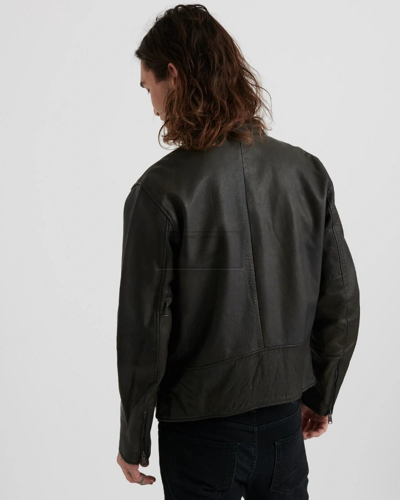 Men Short Black Leather Jacket - image 2