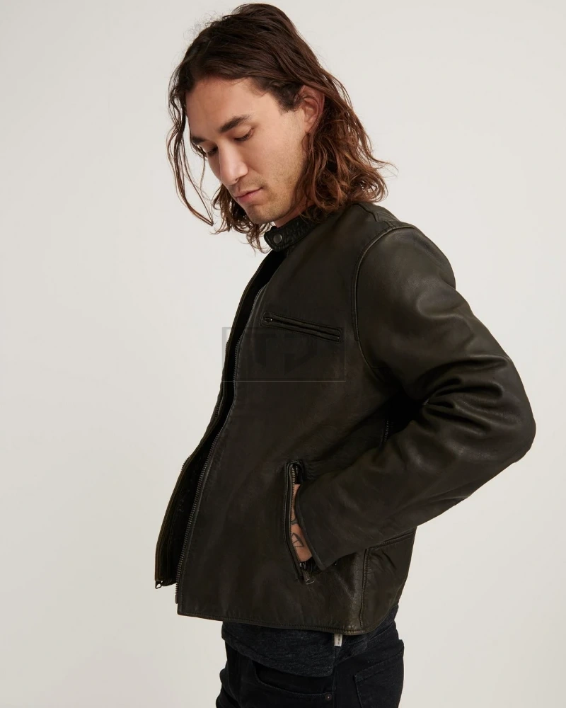 Men Short Black Leather Jacket - image 3