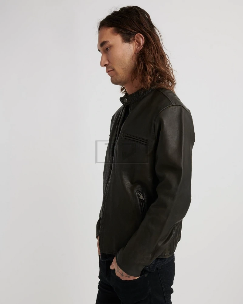 Men Short Black Leather Jacket - image 4
