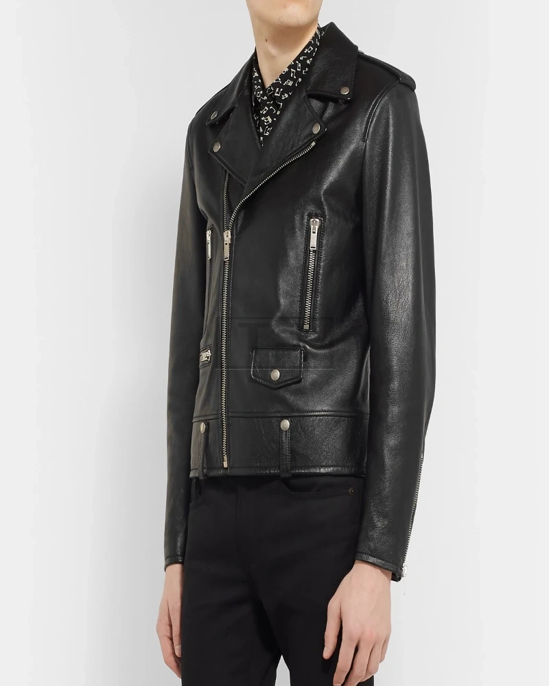 Men Black Textured Leather Jacket - image 3