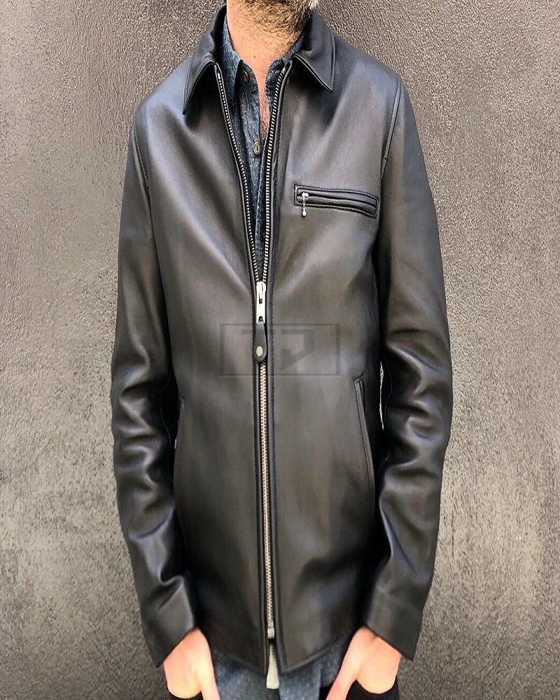 Men Black Waxy Leather Jacket - image 1