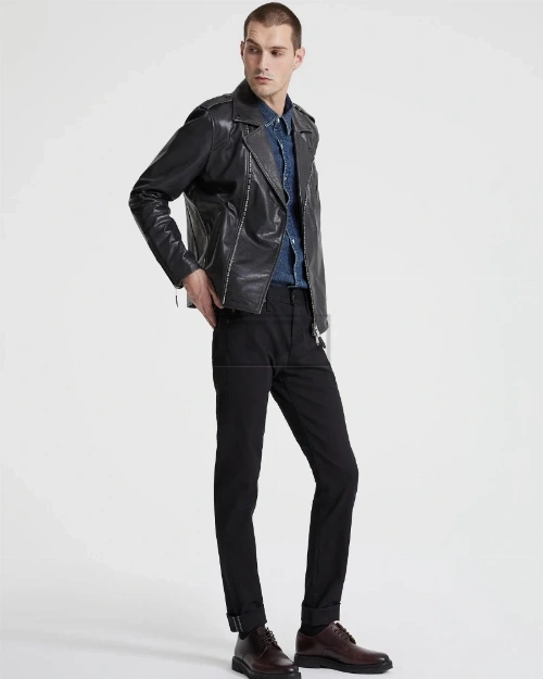 Men Charcoal Black Biker Jacket - image 1