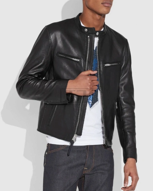 Men Black Cafe Racer Jacket - image 1