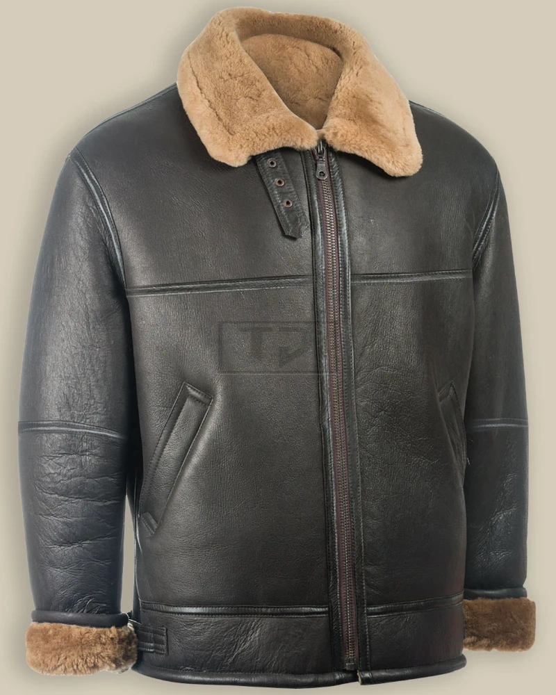 Men Black Aviator Shearling Jacket - image 3