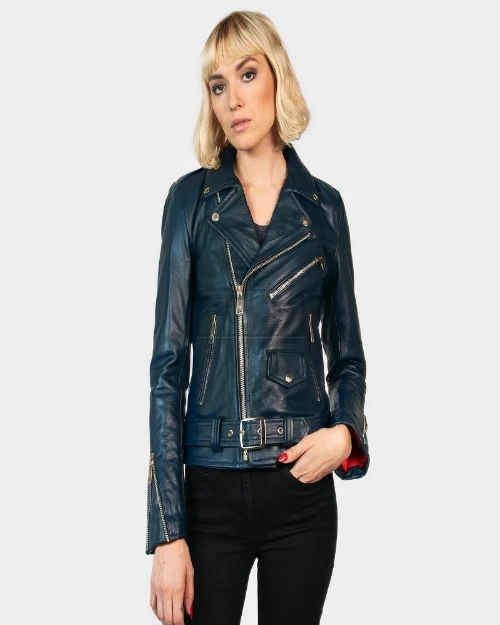 Women Sea Blue Leather Jacket - image 2