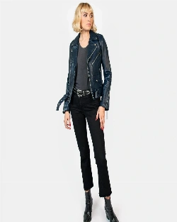 Women Sea Blue Leather Jacket - image 1