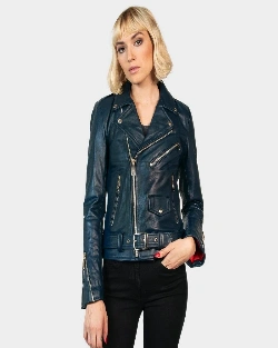 Women Sea Blue Leather Jacket - image 2