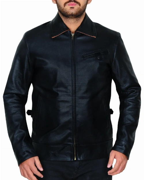 Shirt Collar Black Leather Jacket - image 5