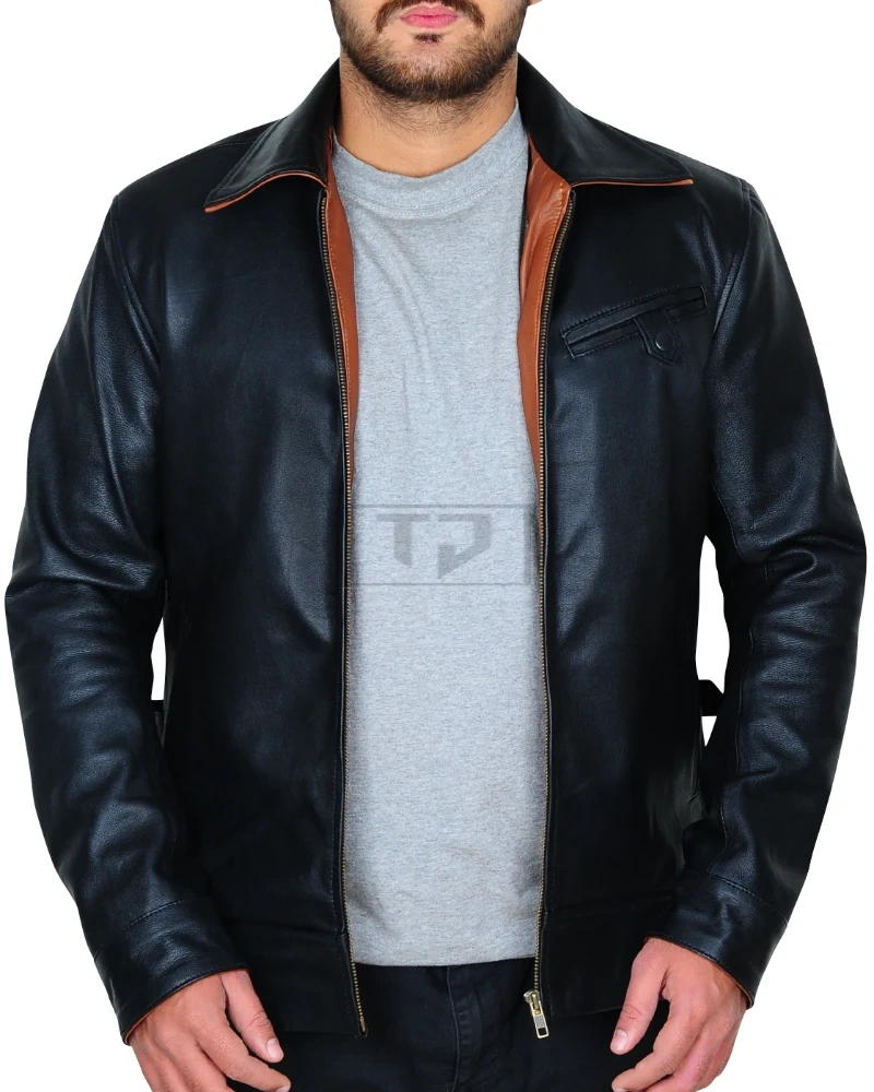 Shirt Collar Black Leather Jacket - image 1