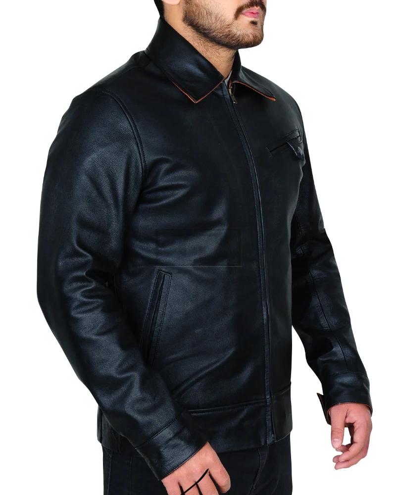 Shirt Collar Black Leather Jacket - image 3