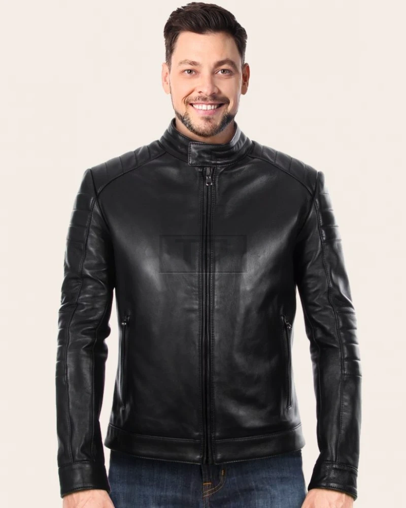 Men Black Racing Leather Jacket - image 1
