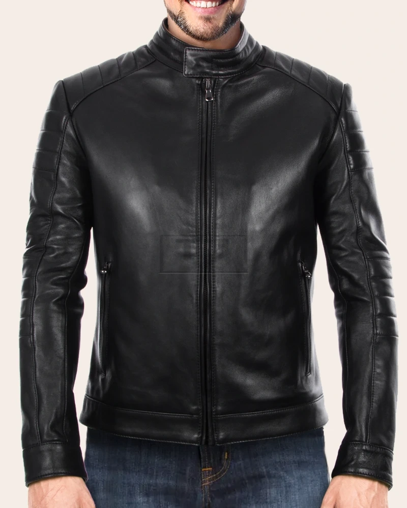 Men Black Racing Leather Jacket - image 3
